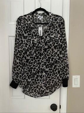 DKNY Black and Gray Leopard Print Button-Down Shirt